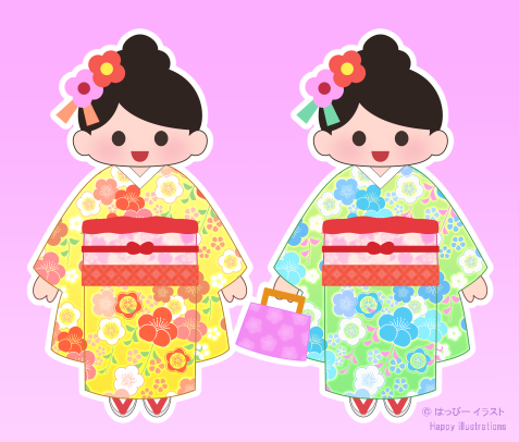 七五三：可愛い7歳さん：着物：バック：カバン：型紙：Happy-illustrations- children-festival-girl-bag-Kimono-Pattern