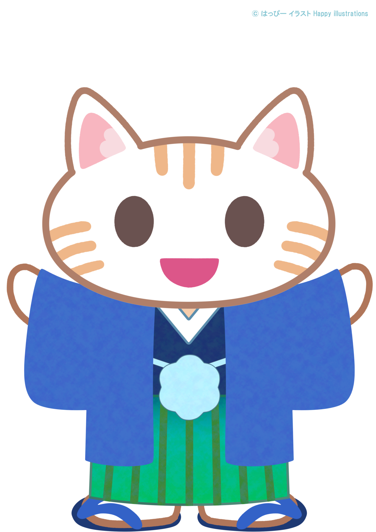 お正月：かわいい着物ねこのイラスト