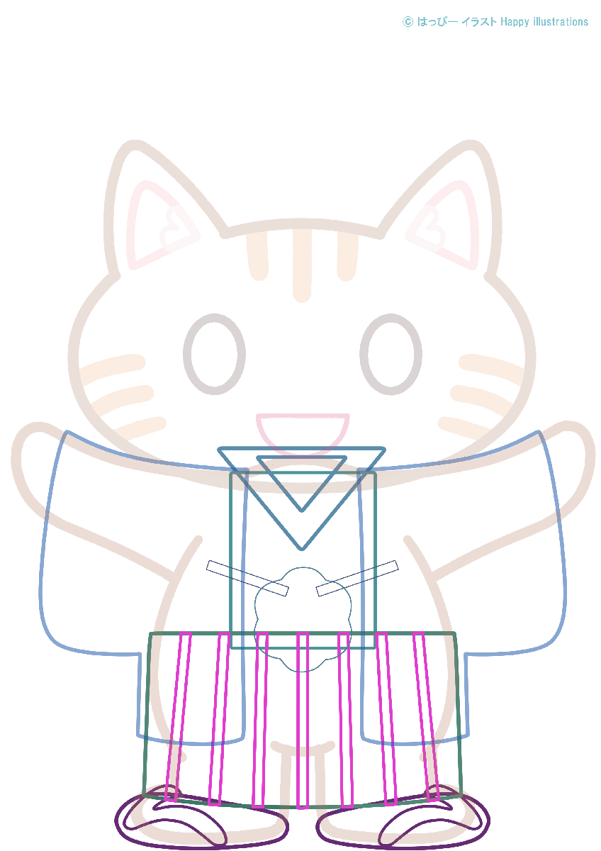 お正月：かわいい着物ねこの型紙イラスト